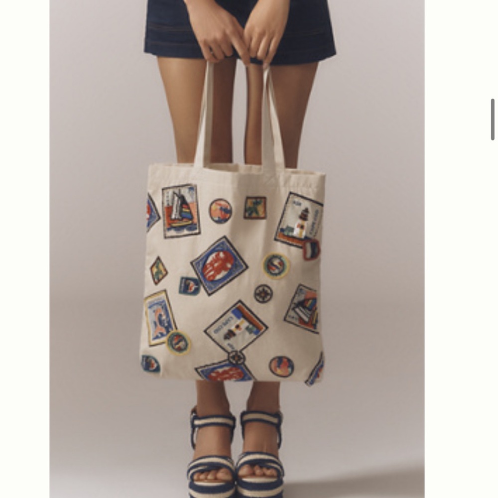 Anthropologie Printed Beaded Canvas Tote Bag - Picture 3 of 8